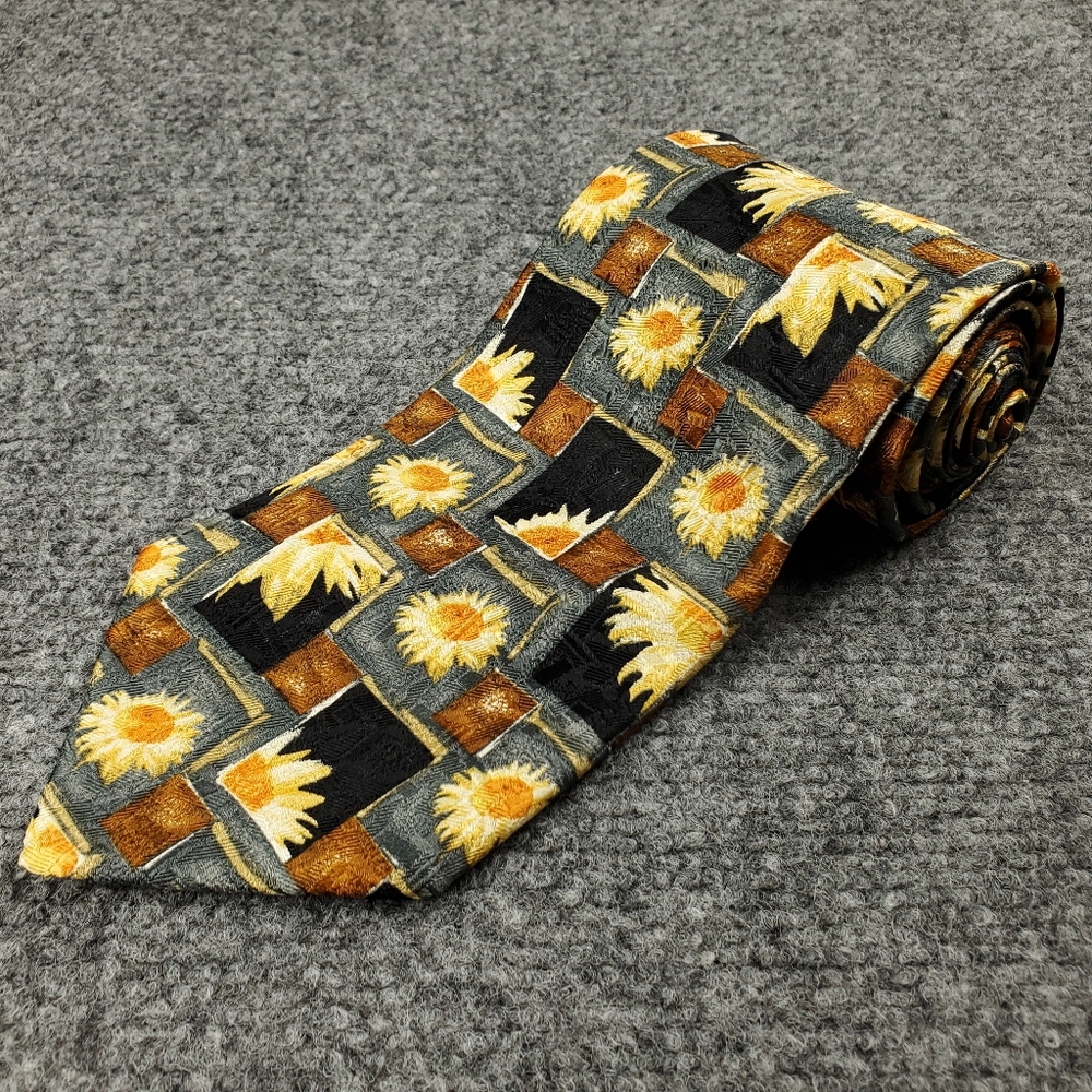 Ermenegildo Zegna Silk Tie Sunflower Print Woven Orange Gray Luxury Formal Italy